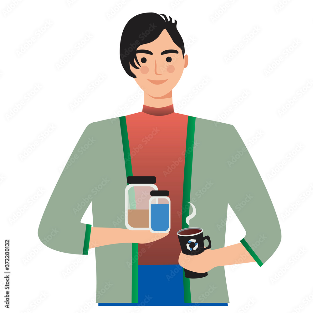 Young guy with shopping cart isolated on white background, flat vector stock illustration as concept of zero waste, shopping without packaging Young guy with shopping cart isolated on white background, flat vector stock illustration as concept of zero waste, shopping without packaging