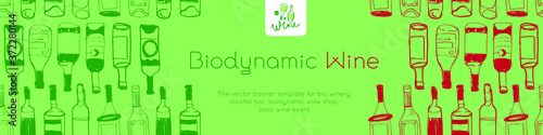 Produce natural Organic Wines. Horizontal  banner template of New Bio winery concept. Bottles seamless pattern with hand-drawn linear Illustrations for Biodynamic wine shop, restaurant website banner.