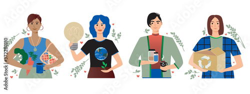 Young people care about the environment and lead an eco-friendly lifestyle as a zero waste concept, flat vector stock with guys and girls isolated on white background