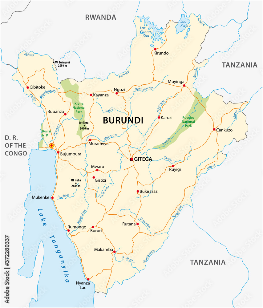 Obraz premium vector road map of Burundi with the new capital Gitega