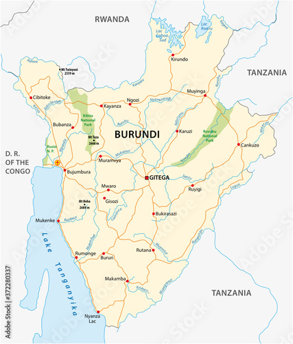 vector road map of Burundi with the new capital Gitega