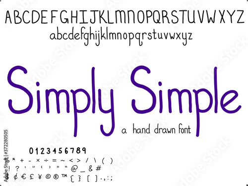 Hand drawn font. Simply Simple lettering set has san serif characters and is not cursive. 