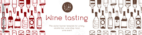 Produce natural Organic Wines. Horizontal  banner template of New Bio winery concept. Bottles seamless pattern with hand-drawn linear Illustrations for Biodynamic wine shop, restaurant website banner.