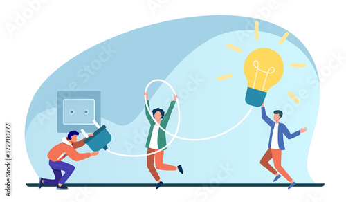 Tiny people turning on bulb into socket. Idea, lamp, electricity flat vector illustration. Brainstorming and creativity concept for banner, website design or landing web page