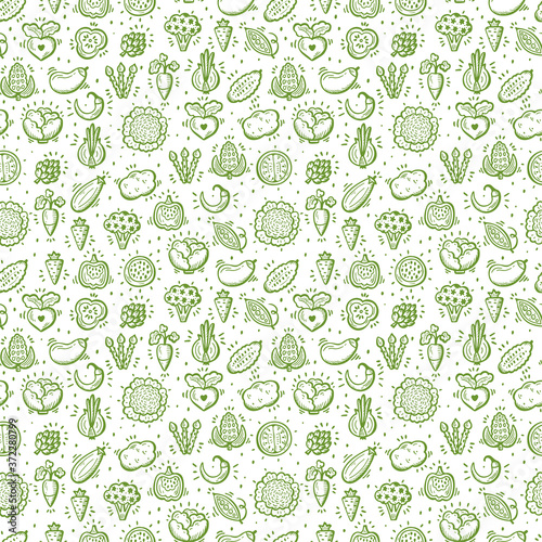 Food background. Doodle Green Vegetables Seamless pattern. Vector illustration