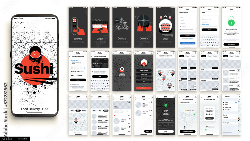 Sushi Delivery. Design of the Mobile Application, UI, UX. Set of GUI ...