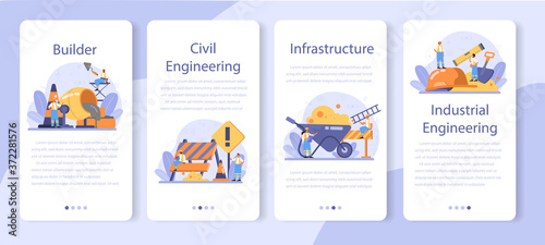 House building mobile application banner set. Workers