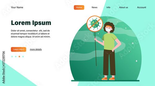 Person protesting against coronavirus. Man wearing face holding placard with stop sign flat vector illustration. Epidemic, spread, virus concept for banner, website design or landing web page