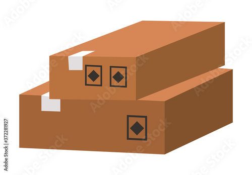 Carton square box, delivery and packaging of goods for comfortable transportation. Shipping cardboard box and icons of fragility and recycling vector illustration. Paper container for storage