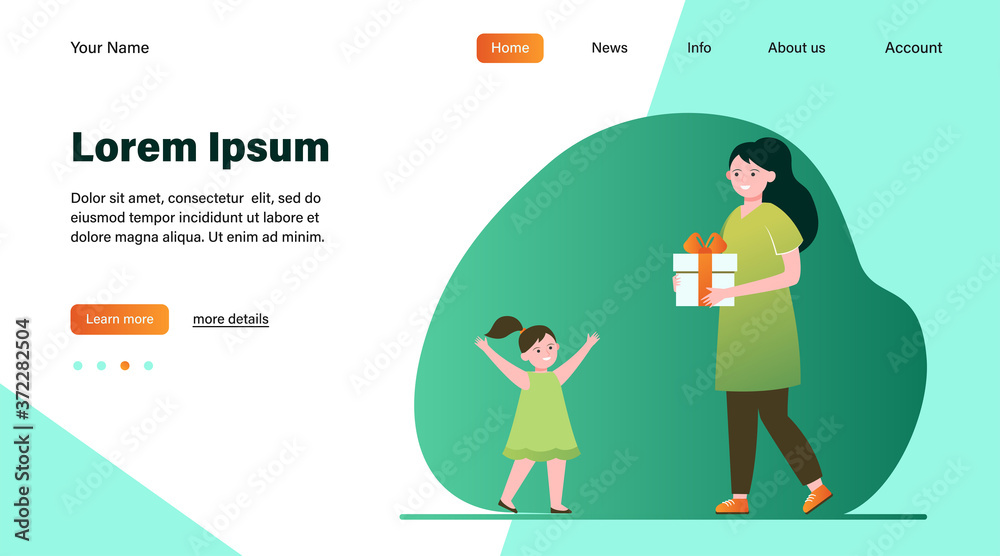 Happy mother holding gift for little daughter. Present, kid, love flat vector illustration. Parenthood and family concept for banner, website design or landing web page Happy mother holding gift for little daughter. Present, kid, love flat vector illustration. Parenthood and family concept for banner, website design or landing web page