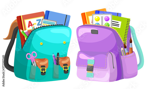 Colored school backpack. Education and study back to school, schoolbag luggage, rucksack vector illustration. Kids school bag with education equipment. Backpacks with study supplies. Student satchels