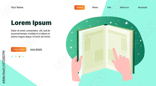 Human hands holding open book. Book reading, stars, night sky background flat vector illustration. Knowledge, library, literature concept for banner, website design or landing web page