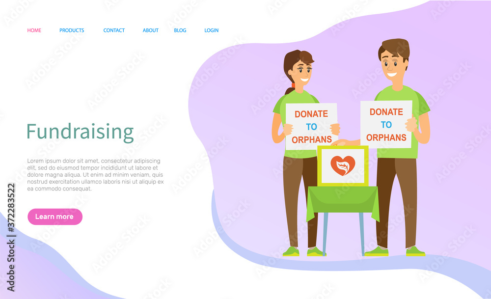 Fundraising vector, people standing with boxes for money and tables with signs, helping orphans and homeless, social workers volunteers set. Website or slider app, landing page flat style
