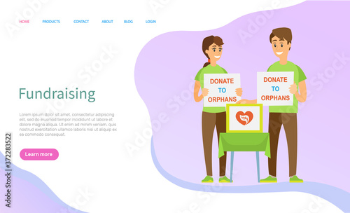 Fundraising vector, people standing with boxes for money and tables with signs, helping orphans and homeless, social workers volunteers set. Website or slider app, landing page flat style