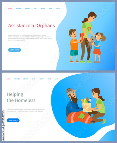 Assistance to orphans vector, helping homeless giving food and supplies for living, volunteer woman with kids presenting toys and book set. Website or slider app, landing page flat style