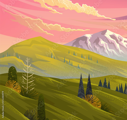 Natural landscape background with mountains, clear sky and clouds, green hills in front of the mountain overgrown with grass, trees and bushes. Beautiful unspoilt nature tourist area, summertime
