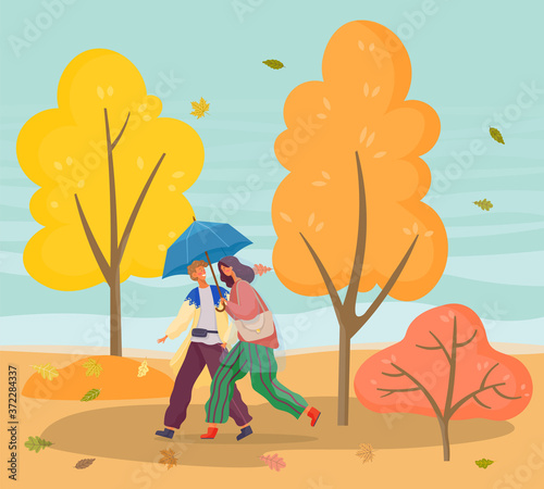 Couple strolling in autumn forest in bad weather. Cold and windy day in fall season in park. Man and woman having romantic walk outdoors using umbrella protecting from rain. Vector in flat style