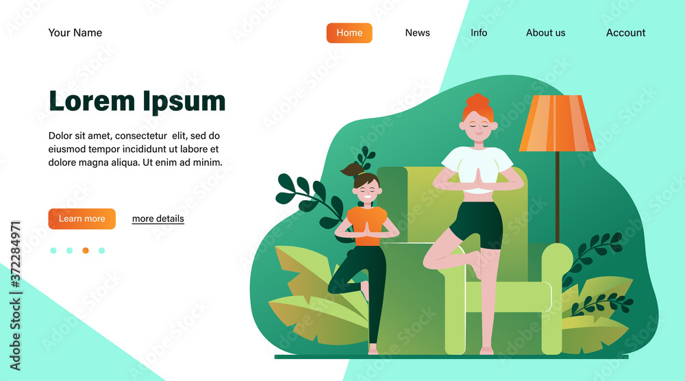 Mother and daughter practicing yoga at home. Woman and girl standing in tree pose flat vector illustration. Meditation, family activity concept for banner, website design or landing web page Mother and daughter practicing yoga at home. Woman and girl standing in tree pose flat vector illustration. Meditation, family activity concept for banner, website design or landing web page