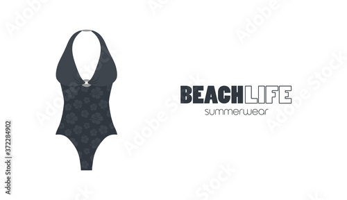 Woman swimwear vector, black grey floral full body swimming suit cartoon illustration
