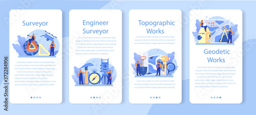 Geodesy science mobile application banner set. Land surveying