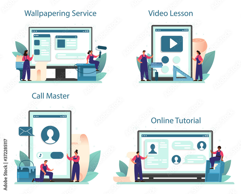 Wall papering online service or platform set. Worker gluing wallpapers Wall papering online service or platform set. Worker gluing wallpapers