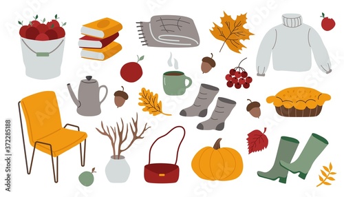 Cozy autumn set. Cute fall furniture leaves food trendy color palette scandinavian style. Modern vector illustration