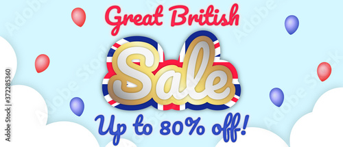 "Great British Sale" banner, EDITABLE TOP AND BOTTOM TEXT. Big bold stroke style text. Editable removable background. Gold and silver script on the UK flag, in sky with clouds. Vector Illustration.