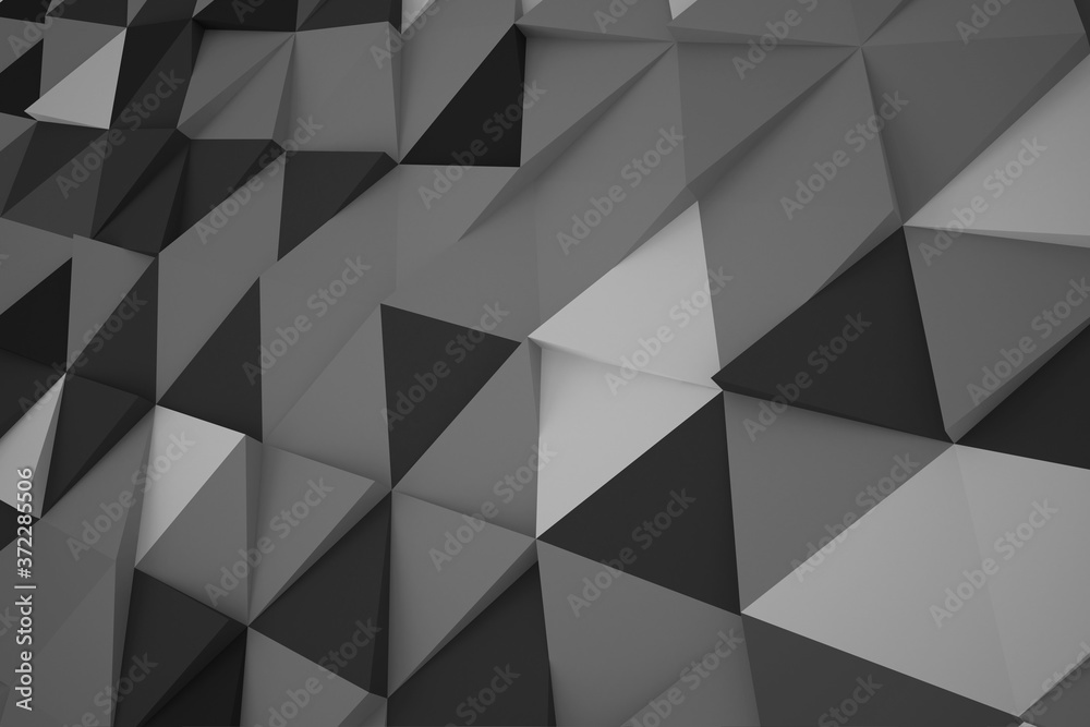 Trigonal abstract shapes background. Low poly triangles mosaic. Black and white crystals backdrop.