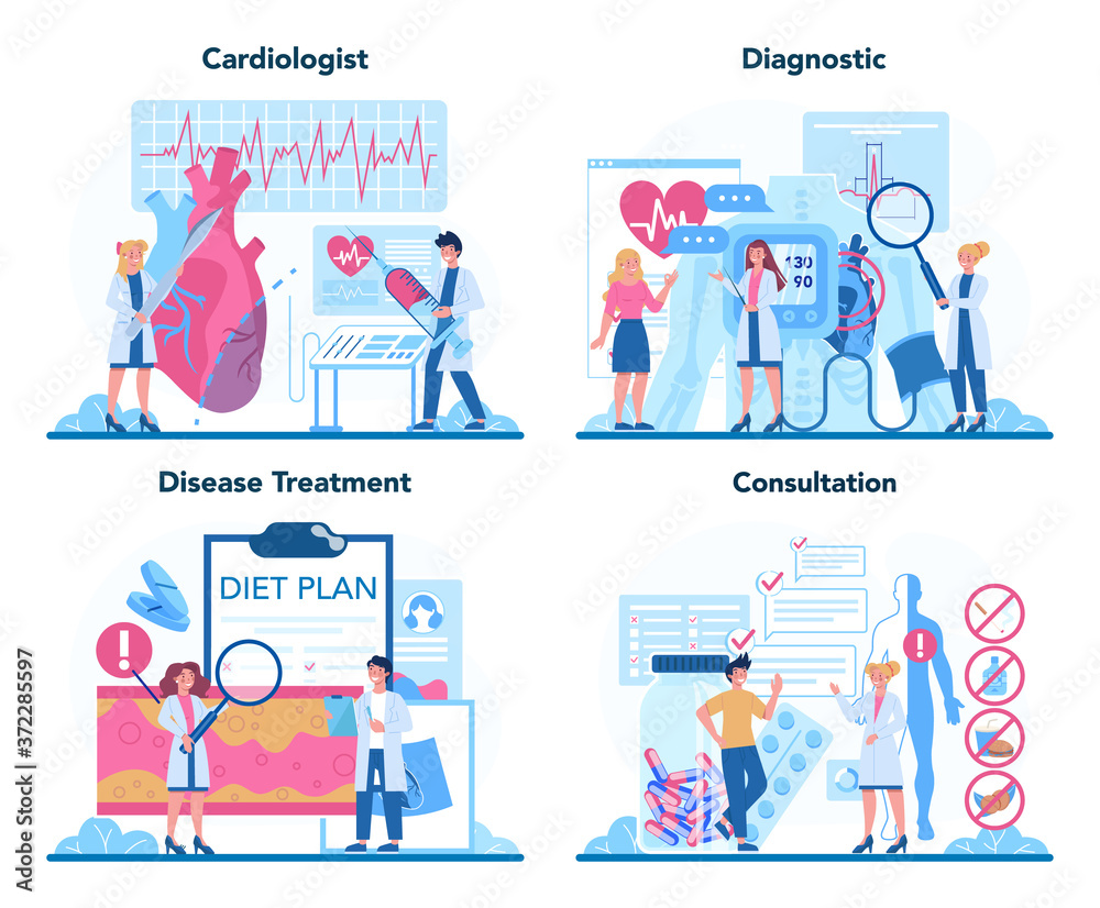 Cardiologist concept set. Idea of heart care and medical diagnostic Cardiologist concept set. Idea of heart care and medical diagnostic