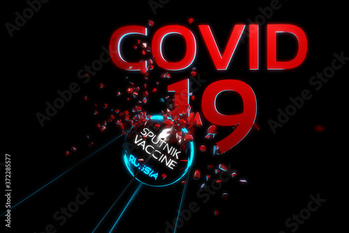 Flying satellite breaks inscription covid-19. New vaccine named sputnik created by scientists of Russia. 2019-nCov pandemic 3d illustration. Selective focus macro shot with shallow DOF photo