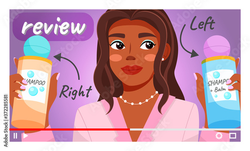 Beauty video blogger. Beautiful black woman creating, posting videos about shampoo, hair-styling, influencer starting makeup tips blog. Screensaver of video tutorial for internet or blog