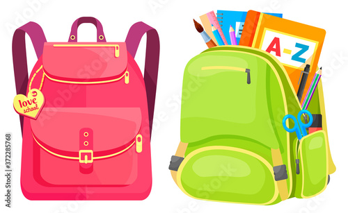 Colored school backpack. Education and study back to school, schoolbag luggage, rucksack vector illustration. Kids school bag with education equipment. Backpacks with study supplies. Student satchels