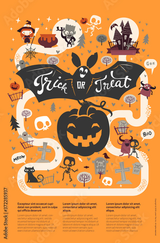 Happy Halloween flyer template in a flat style with festive map, funny and spooky cartoon characters and place for text. Vector illustration for party invitation, greeting card, announcement banner.