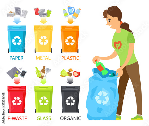 Sorting waste vector, woman volunteering, bins containers with ecological reusable signs, metal and paper, glass and ewaste, litter and dump ecology