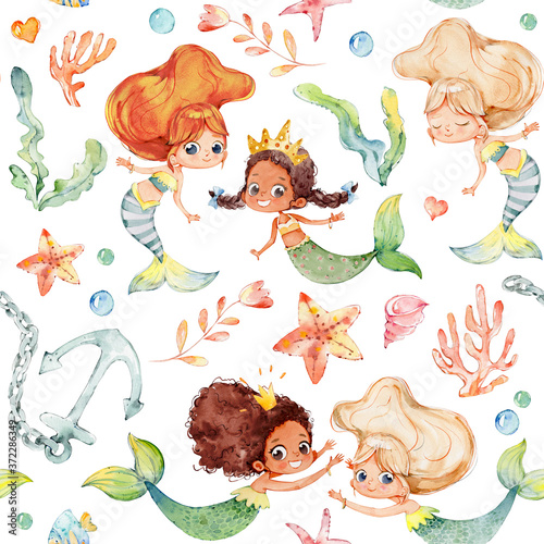 Принти на полотні Seamless pattern with multiracial cartoon girls mermaids, sea elements, sea star