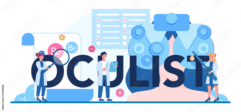 Oculist typographic header. Idea of eye exam and treatment.