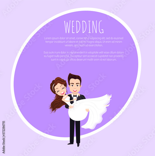 Wedding purple postcard, groom holding bride, portrait view of smiling and embracing couple, template invitation, romantic day, newlyweds characters vector