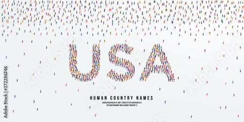 Human country name USA. large group of people form to create country name United Sates of America. vector illustration.