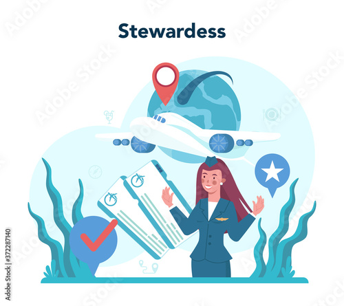 Stewardess concept. Beautiful female flight attendants help passenger