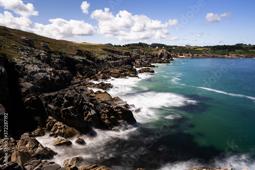 Landscape of Finist  re  cap Sizun. Beautiful scenery in Bretagne   Brittany  France with a beautiful rocky coast.