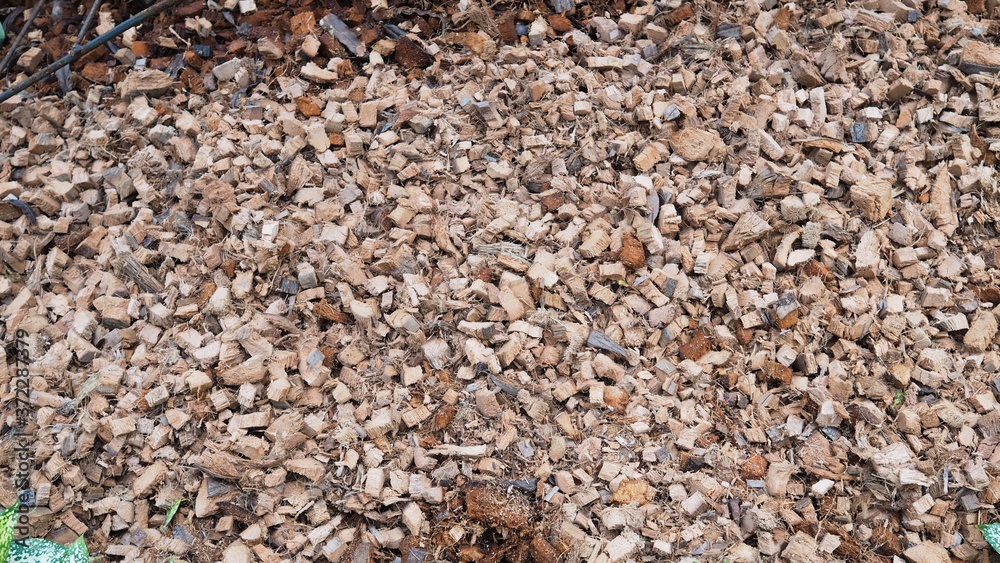 Coconut soft shell pieces pile preparing for garden fertilizer Coconut soft shell pieces pile preparing for garden fertilizer