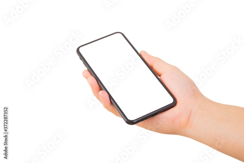 One Hand holding new smartphone on over white background. Smartphone isolate.