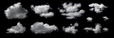 Clouds set isolated on black background. White cloudiness, mist or smog background. Design elements on the topic of the weather. White cloud collection.