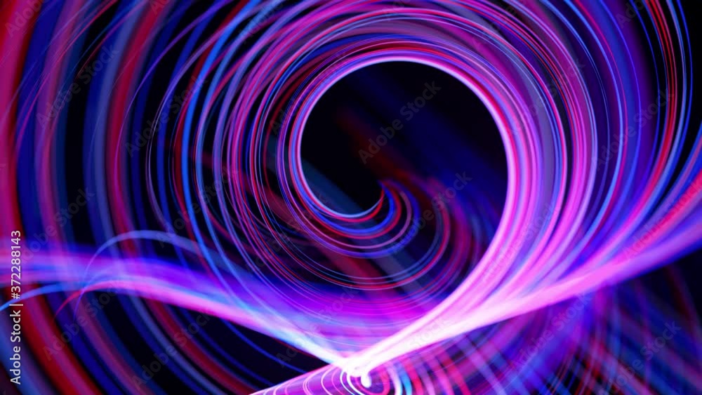 Motion graphics, sci-fi bg. Stream of red blue neon lines form spiral shape, curls and pattern. Abstract looped background with light trails, Modern trendy motion design background.