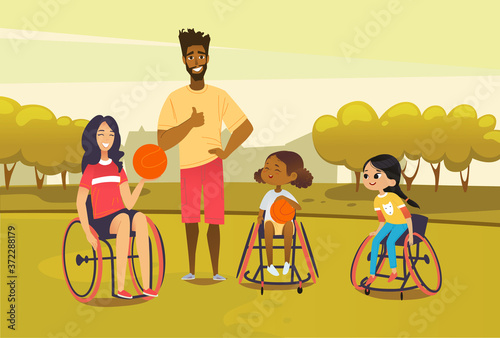 Handicapped adult and girl in wheelchairs playing baseball and have fun. African american man referee coaching young sportsmen s. Medical rehabilitation concept. Vector Illustration.