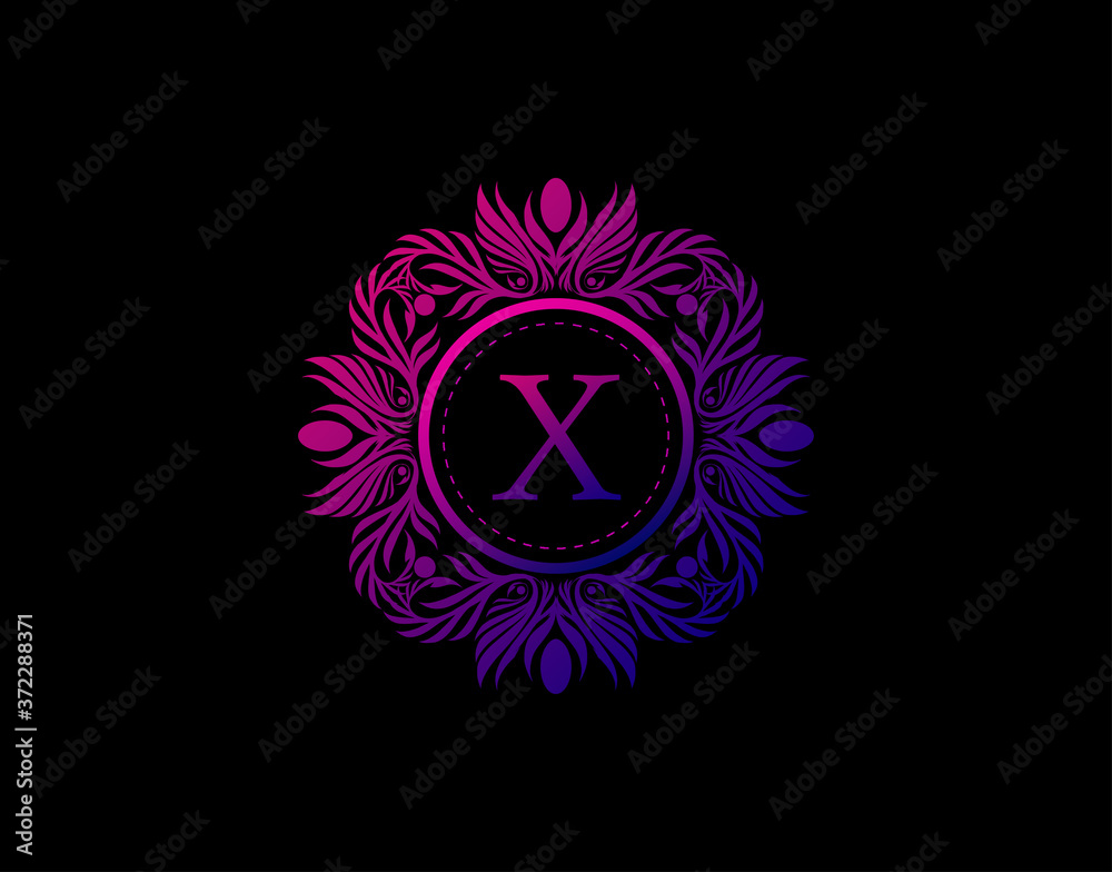 Luxury Badge X Letter Logo. Luxury calligraphic vintage emblem with beautiful classy floral ornament. Vintage Heraldic Frame design Vector illustration.