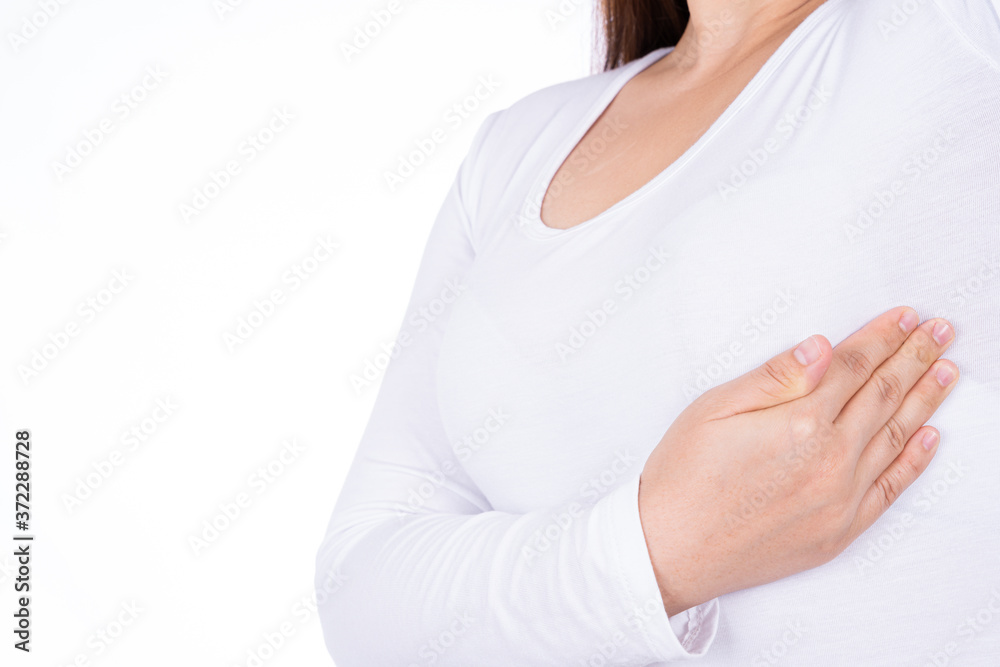 Woman hands doing breast self exam for checking lumps and signs of breast cancer isolated over white background. Medical, healthcare for advertising concept. Woman hands doing breast self exam for checking lumps and signs of breast cancer isolated over white background. Medical, healthcare for advertising concept.