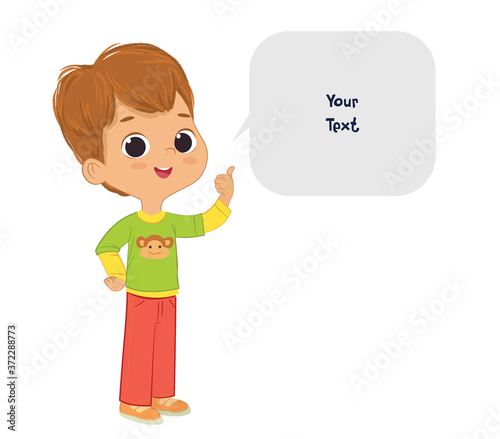 Vector illustration of the cute brown hair Boy pointing at a bubble with place for text. Preschool boy. School boy and speech bubble with place for text isolated on white background..