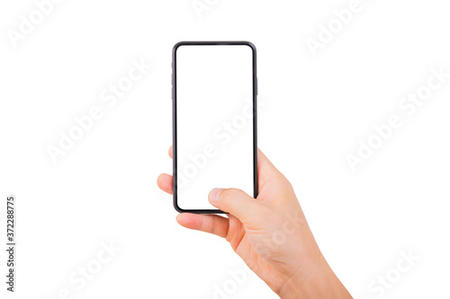 Hand holding smartphone and using thumb on button new smartphone home on white background