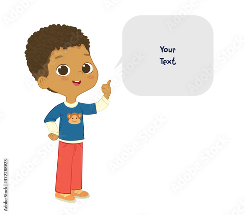 Vector illustration of the cute African American Boy pointing at a bubble with place for text. Preschool boy. School boy and speech bubble with place for text isolated on white background..